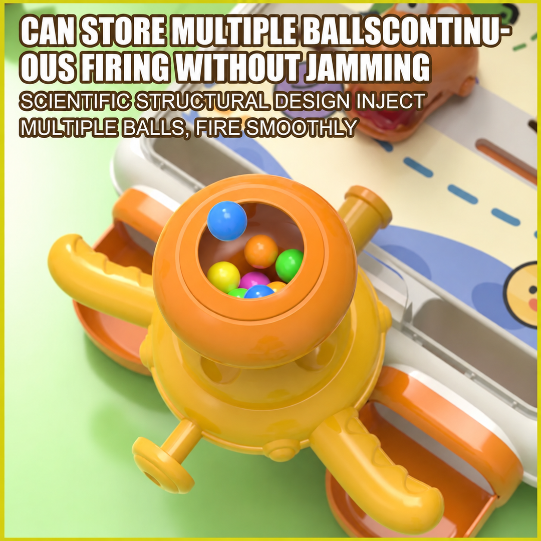 Top view of an orange rotating ball launcher filled with colorful balls