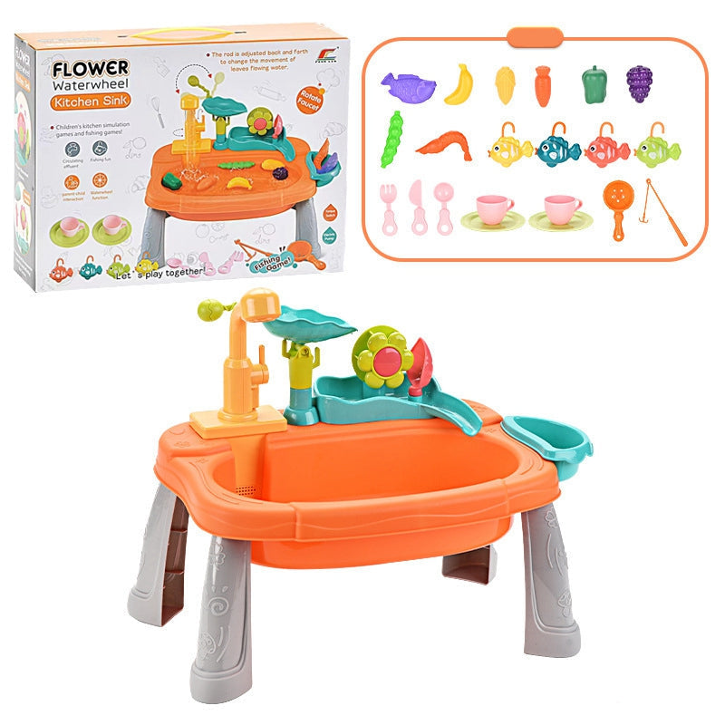 Orange play sink pictured with its box and an illustrated overview of the included accessories