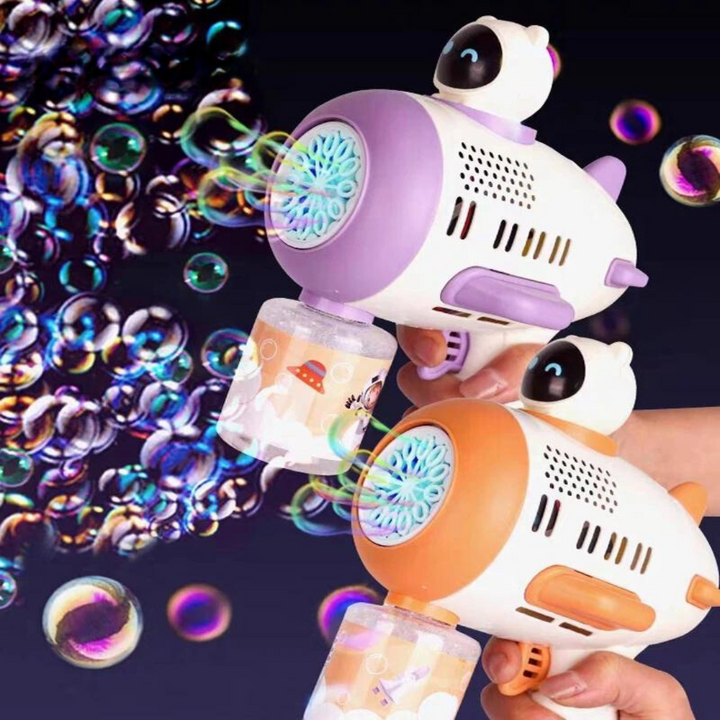 Orange and purple astronaut bubble guns releasing colorful bubbles.