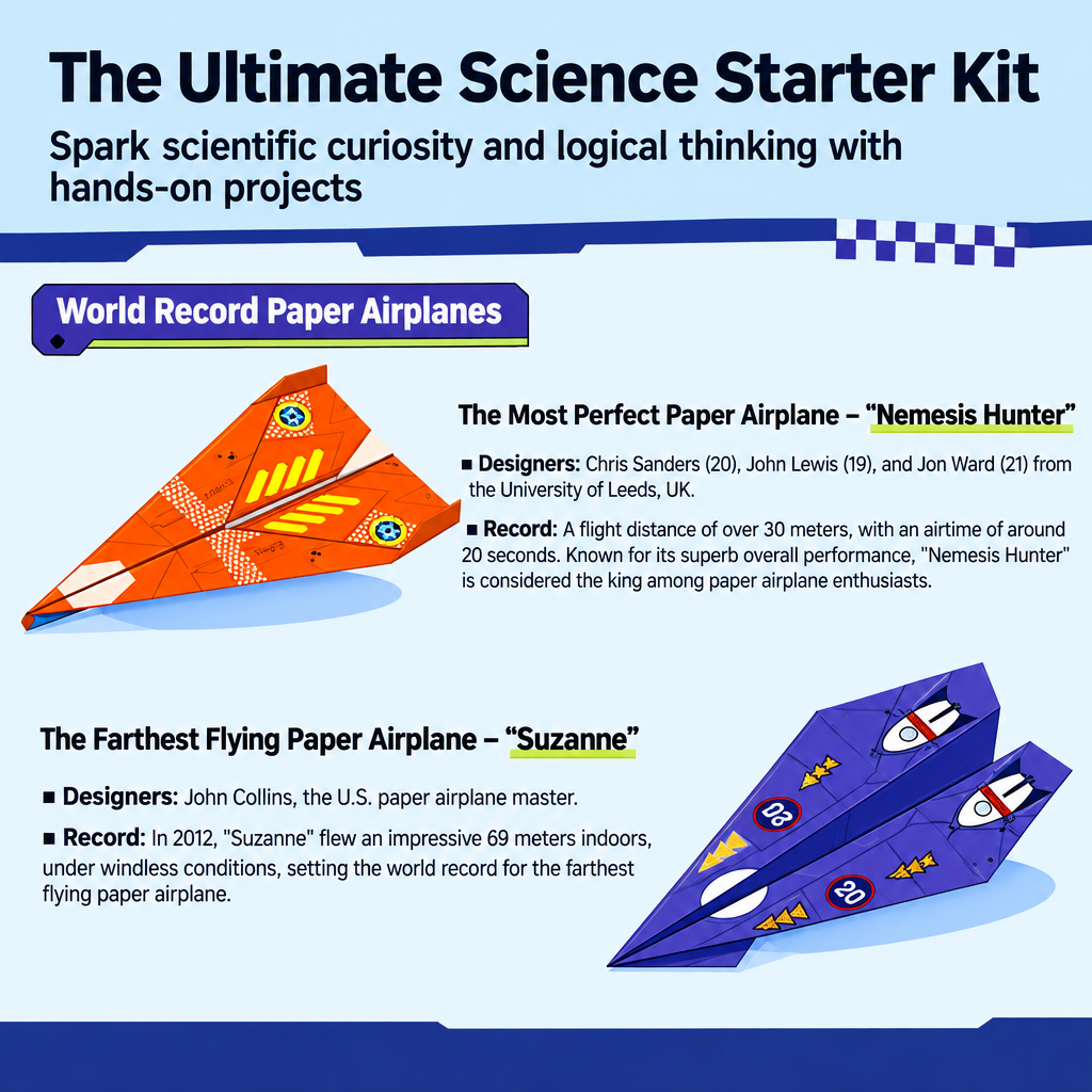 Illustrated guide page featuring orange and purple paper airplane models
