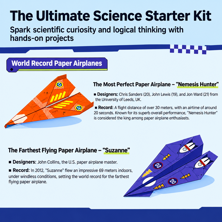 Illustrated guide page featuring orange and purple paper airplane models