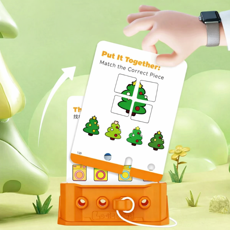A hand placing a tree-matching activity card into the orange puzzle board.