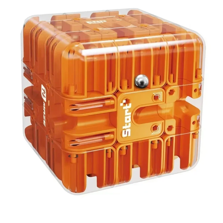 Orange rolling-ball puzzle cube with transparent panels and a marked starting point
