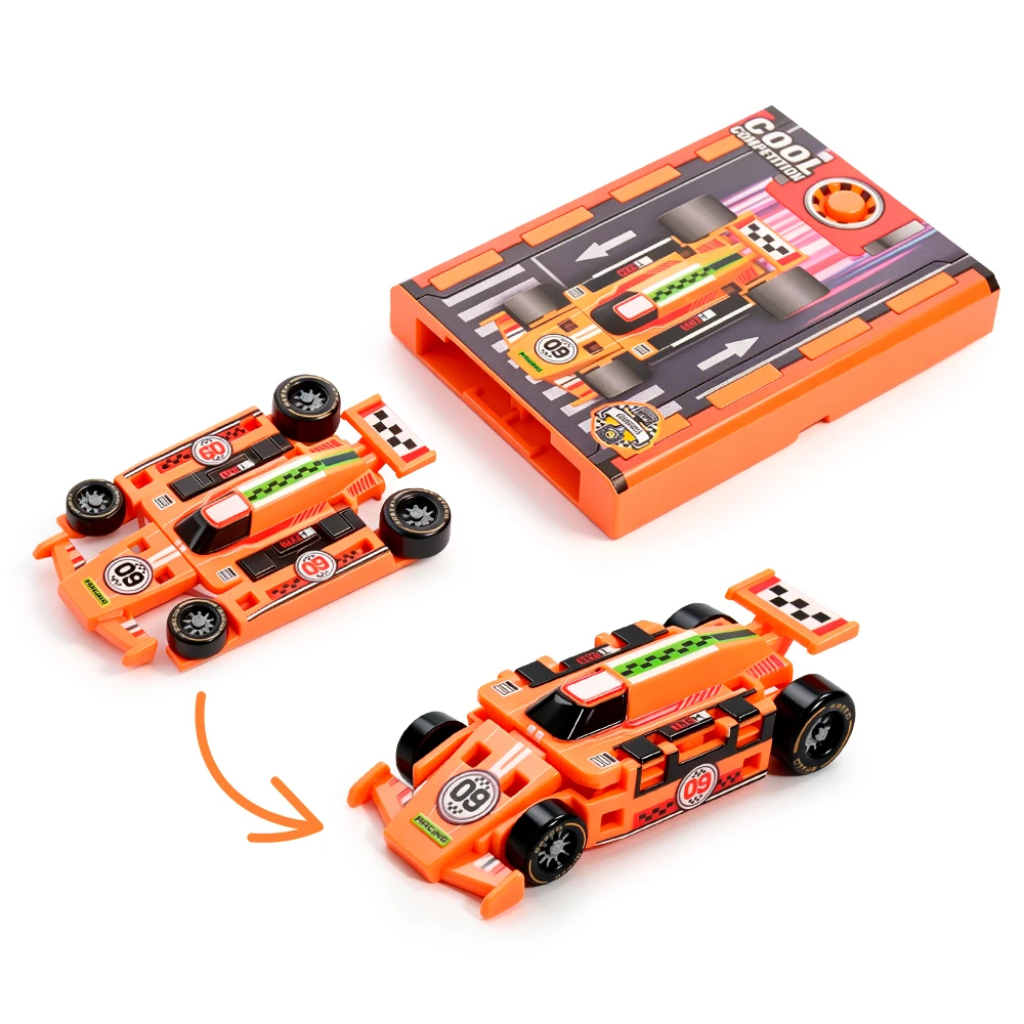 Orange race car in flat and raised forms with its matching orange button launcher.