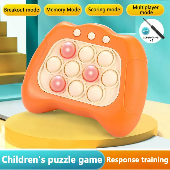Orange reaction game with illuminated pop buttons and four labeled play modes