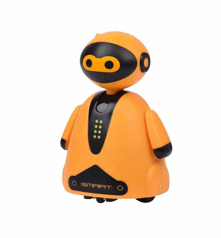 Orange robot toy with a black face panel and black accents on its body and hands.