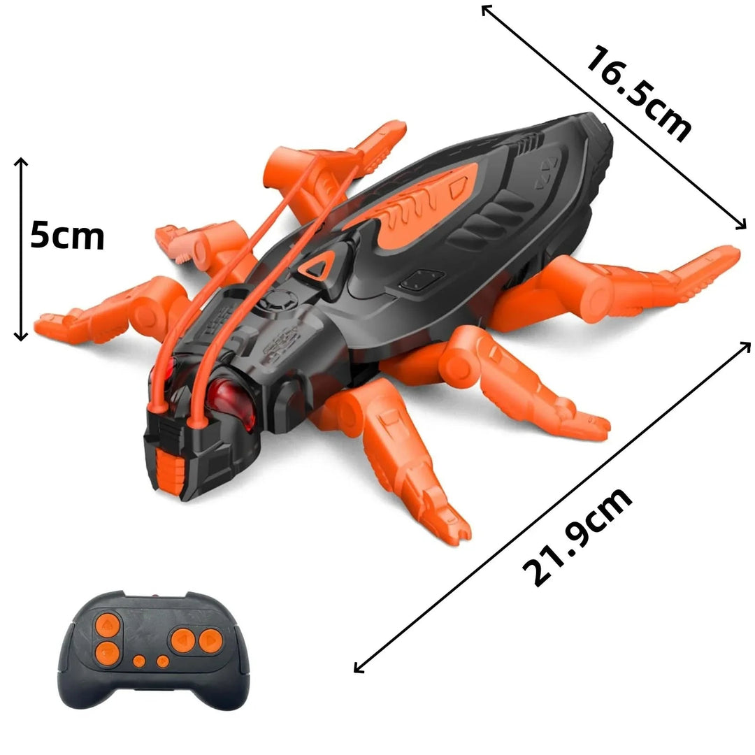 Orange robot toy and remote control with measurements of 21.9 x 16.5 x 5 cm