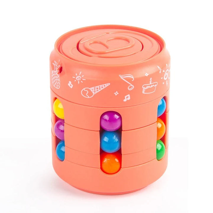 Orange fidget puzzle with rotating rings and multicolored beads