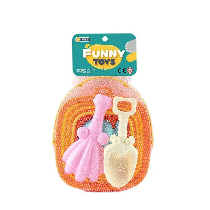 Orange collapsible bucket with a pink rake and cream shovel packed in a mesh bag.