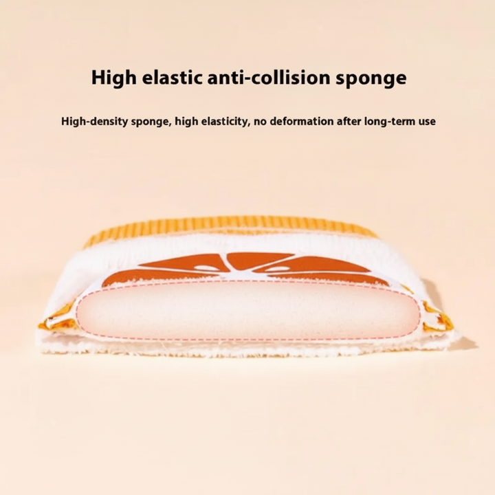 Cutaway view of an orange-slice knee pad showing its sponge padding.