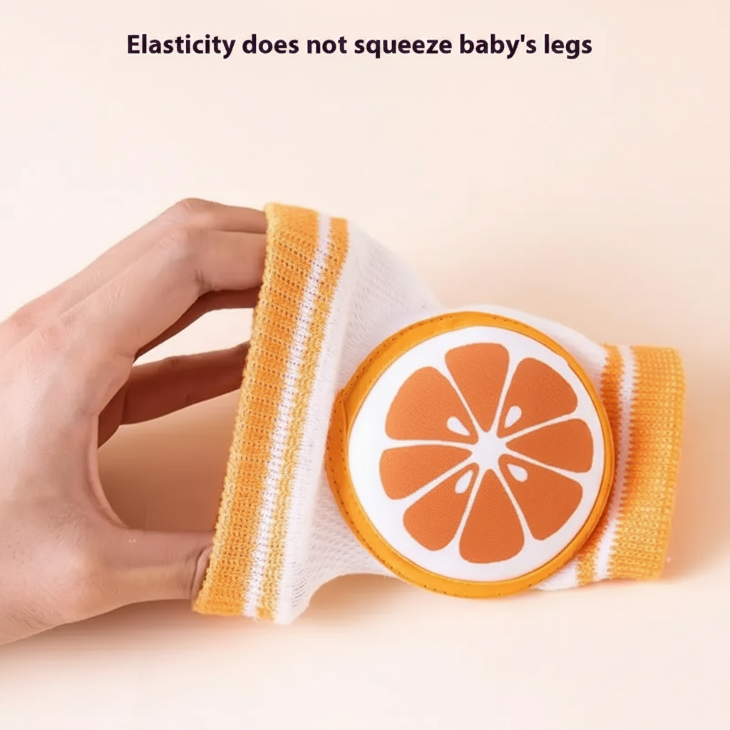 Hand stretching an orange-slice knee pad to show its elastic knit sleeve.