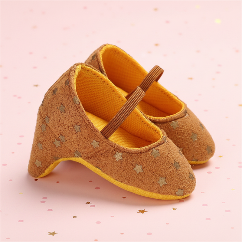 Orange baby shoes with star patterns and elastic straps