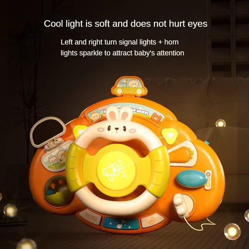 Orange toy steering wheel with glowing dashboard lights in a dark setting