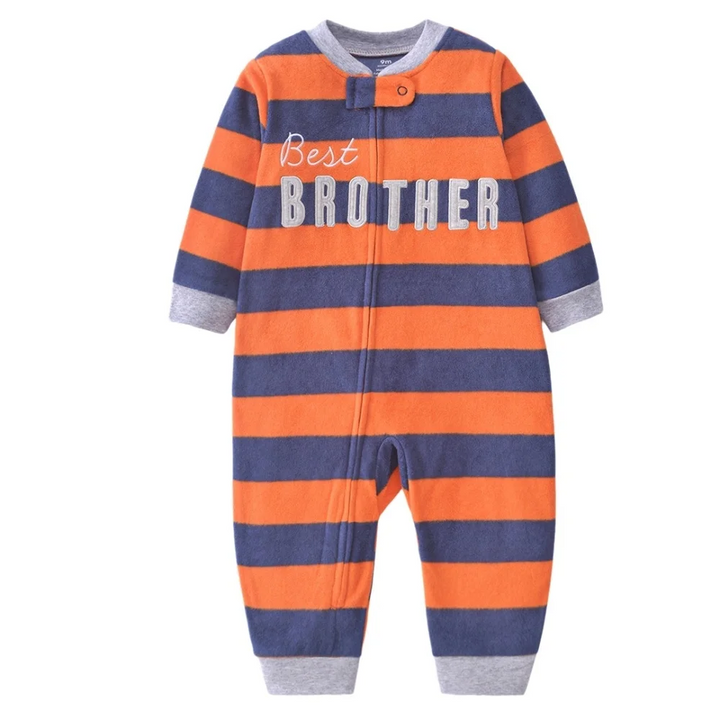 Orange and navy striped fleece baby jumpsuit with Best Brother lettering