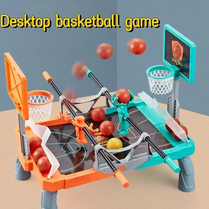 Orange and teal tabletop basketball court with two hoops and balls shown in midair