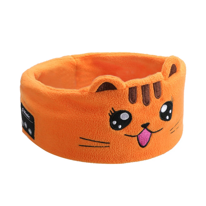 Orange tiger Bluetooth sleep mask with embroidered stripes, whiskers, and a pink tongue.