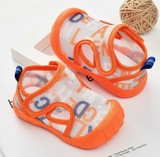 Orange-trimmed mesh sandals with graphic prints, orange soles and hook-and-loop straps