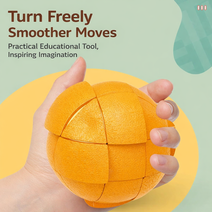 A hand holding an orange-shaped twist puzzle with segmented turning sections