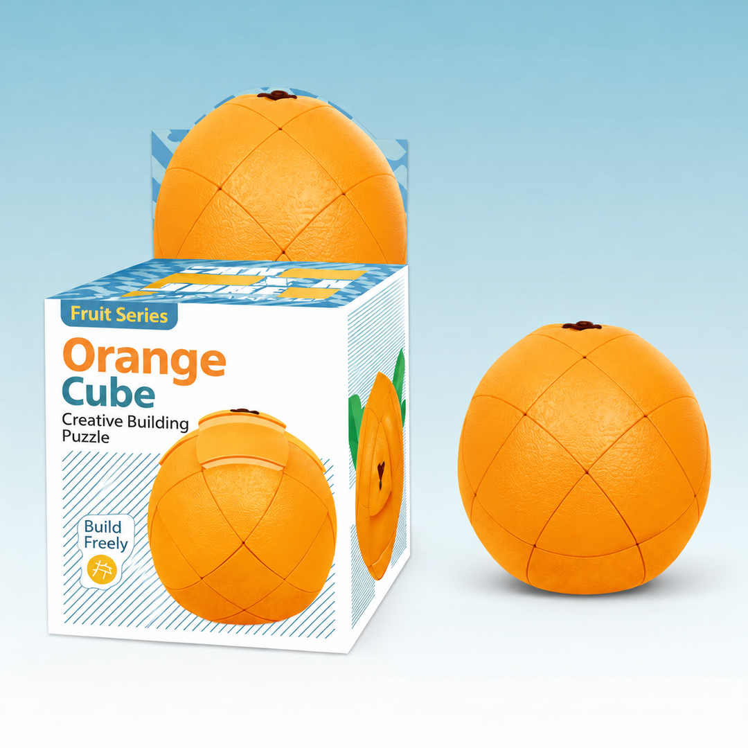 Orange-shaped twist puzzle displayed beside its retail box