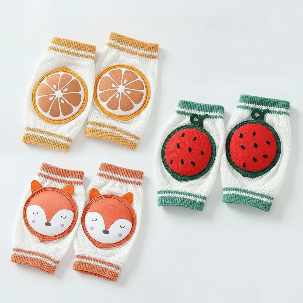 Orange-slice, watermelon, and fox knee pad designs with ribbed knit edges.