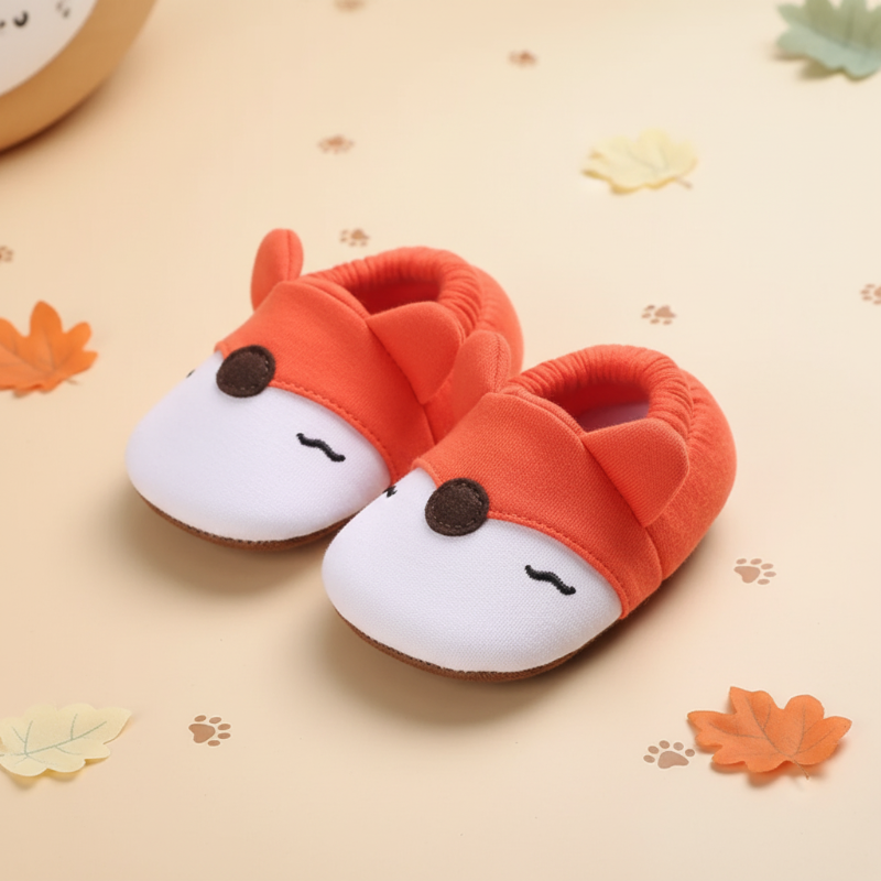 White and orange fox-face baby shoes with elastic ankle openings.