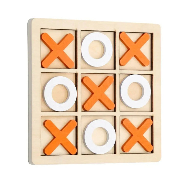 Overhead view of a wooden tic-tac-toe board filled with orange Xs and white Os
