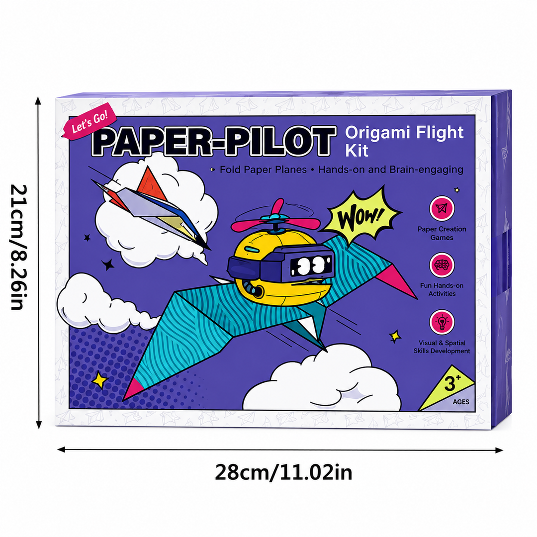Origami airplane kit box with front measurements of 28 cm wide and 21 cm high