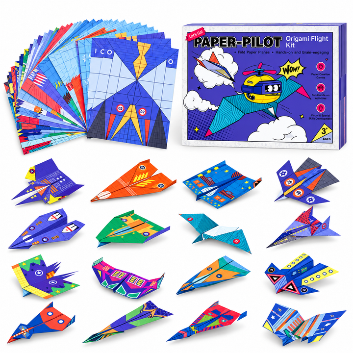 Printed origami sheets, colorful folded airplanes, and the kit box arranged on a white background