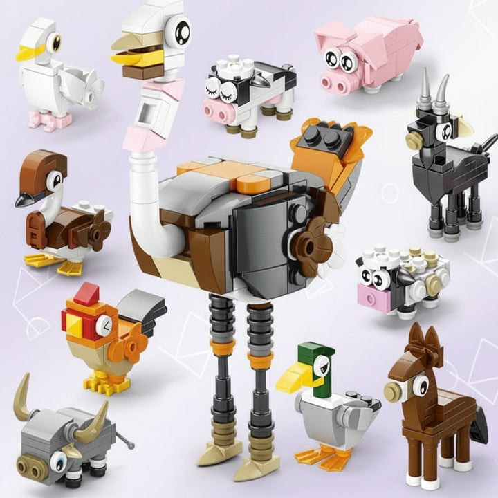 Block-built ostrich surrounded by smaller farm animals, including a pig, cow, horse, and duck