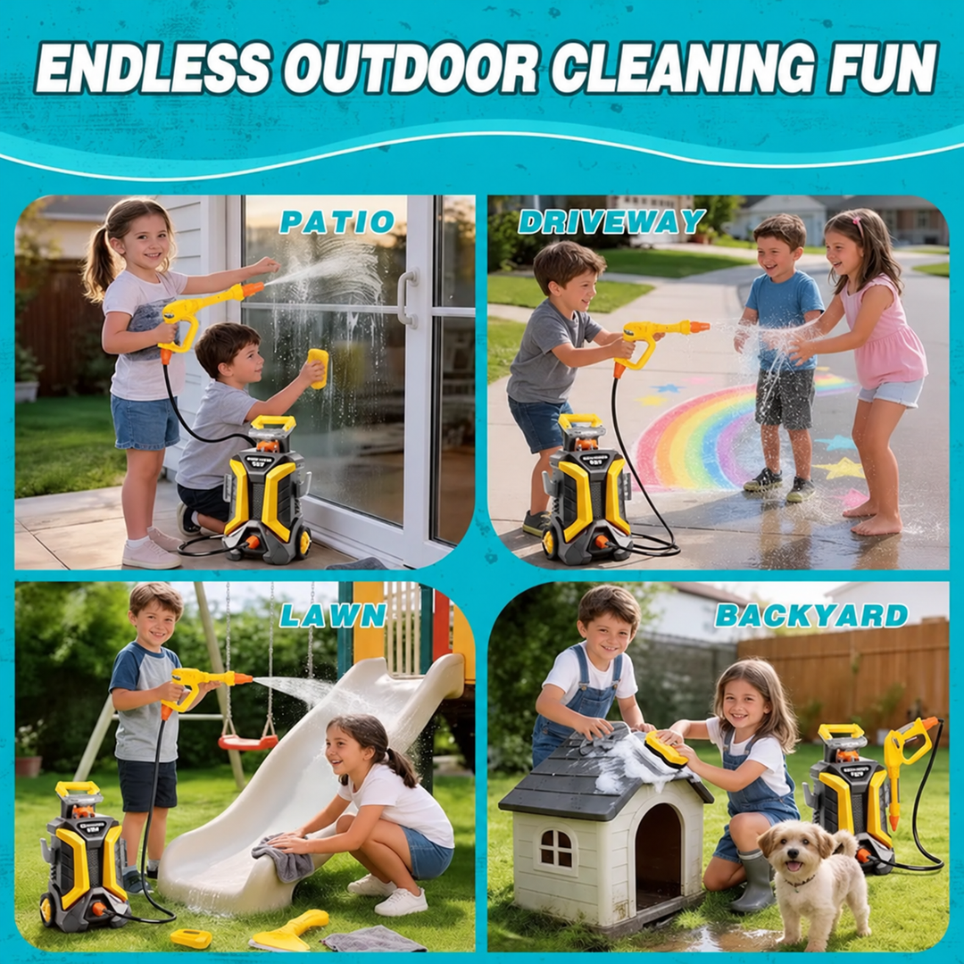 Children using the car wash playset on a patio, driveway, lawn, and in a backyard.
