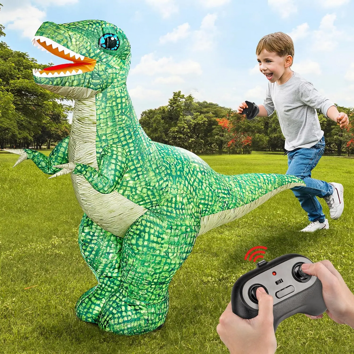Child running beside a green inflatable dinosaur outdoors, with a remote control shown in an inset.