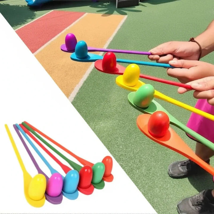 Players balancing colorful eggs on long-handled spoons on an outdoor track.