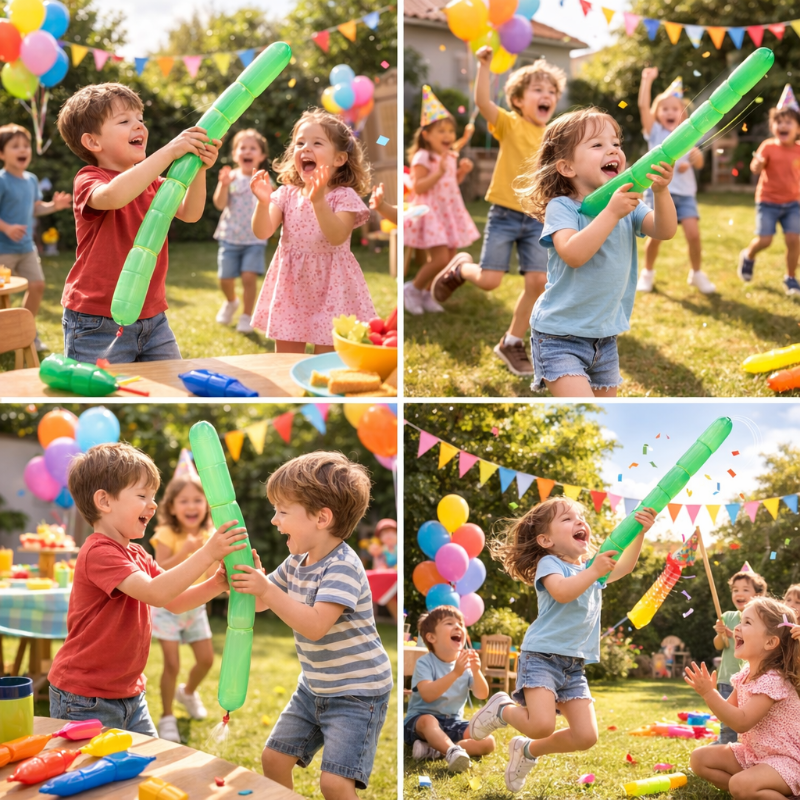 Children playing with long green rocket balloons at an outdoor party