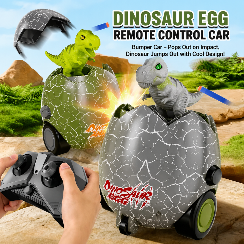 Two open dinosaur egg cars and a wireless remote in an outdoor-themed display