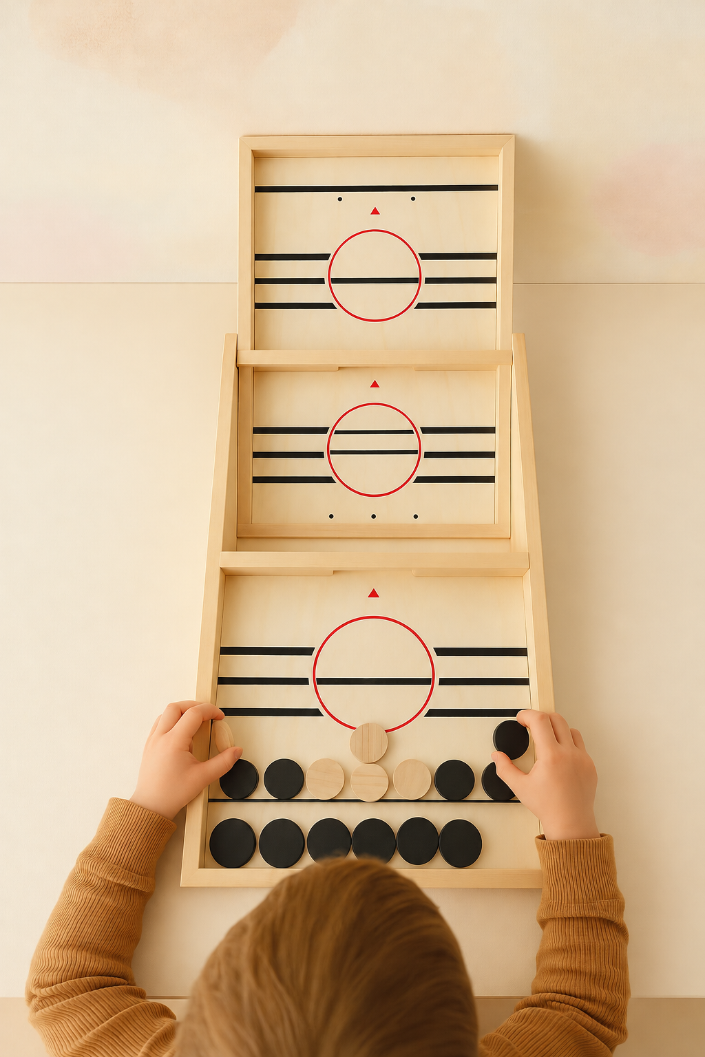 Overhead view of a child playing a wooden sling puck game
