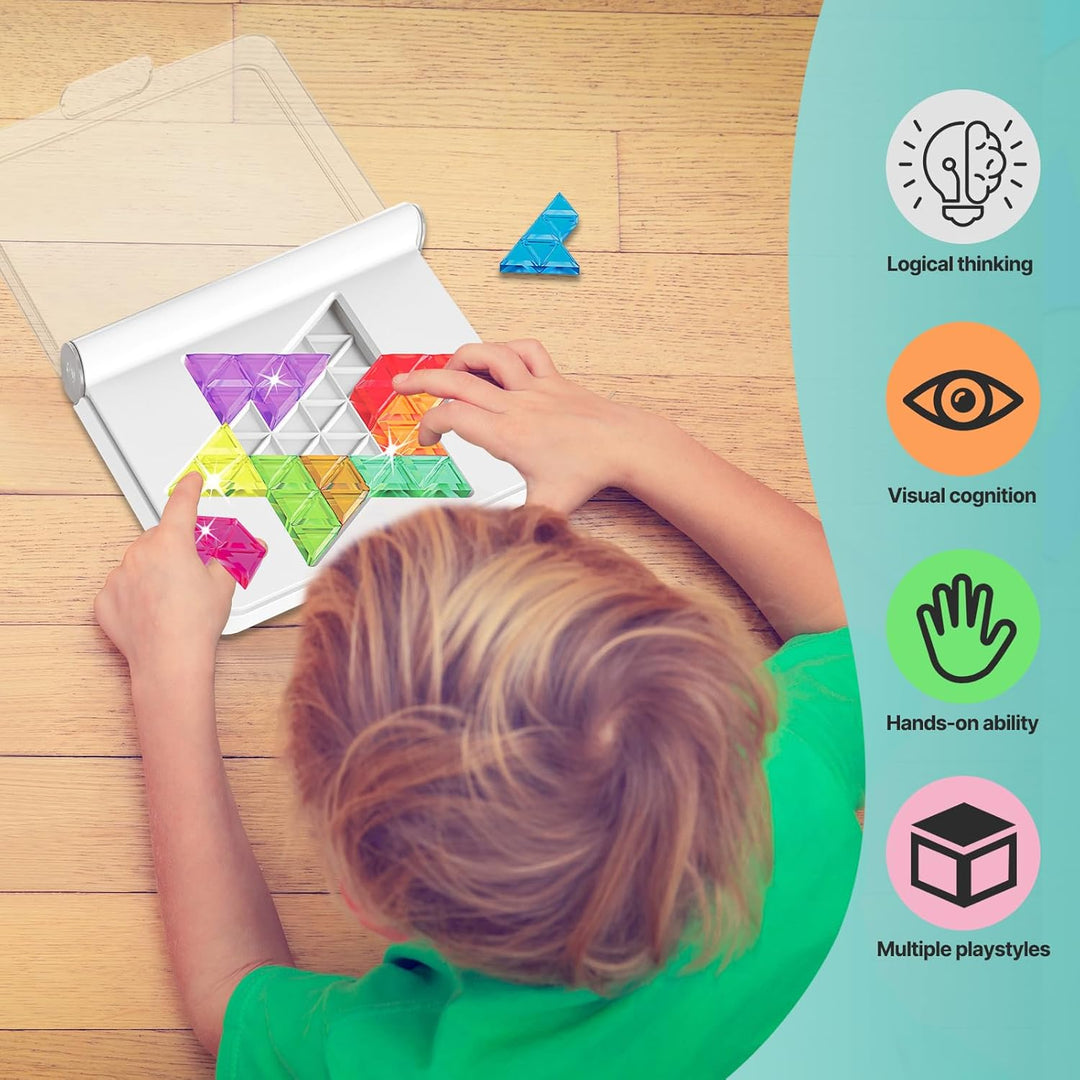 Child arranging colorful pieces on a geometric puzzle board, viewed from above