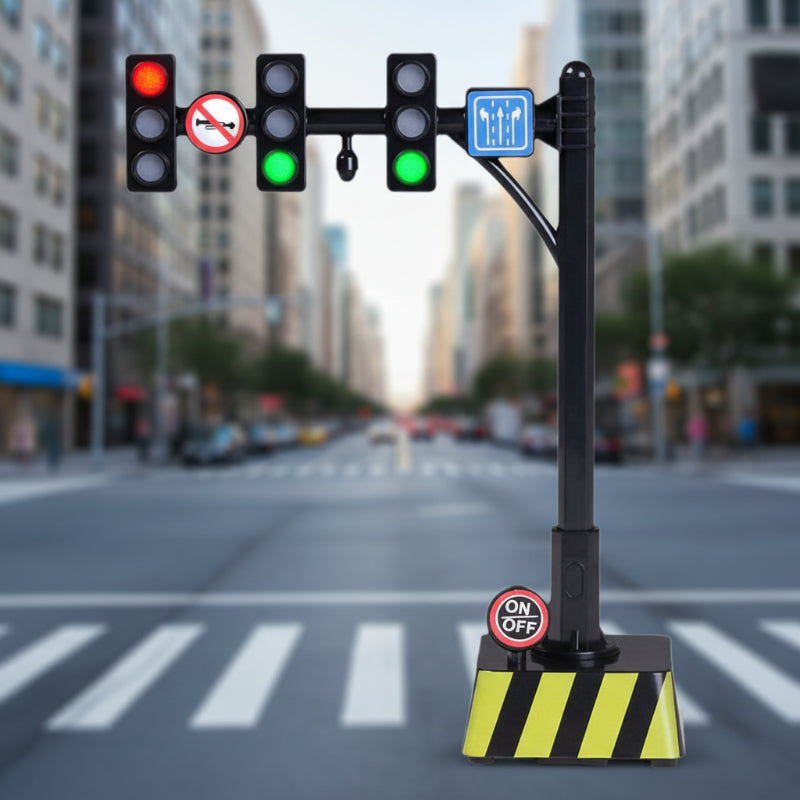 Overhead traffic-light model with road signs and a black-and-yellow striped base.