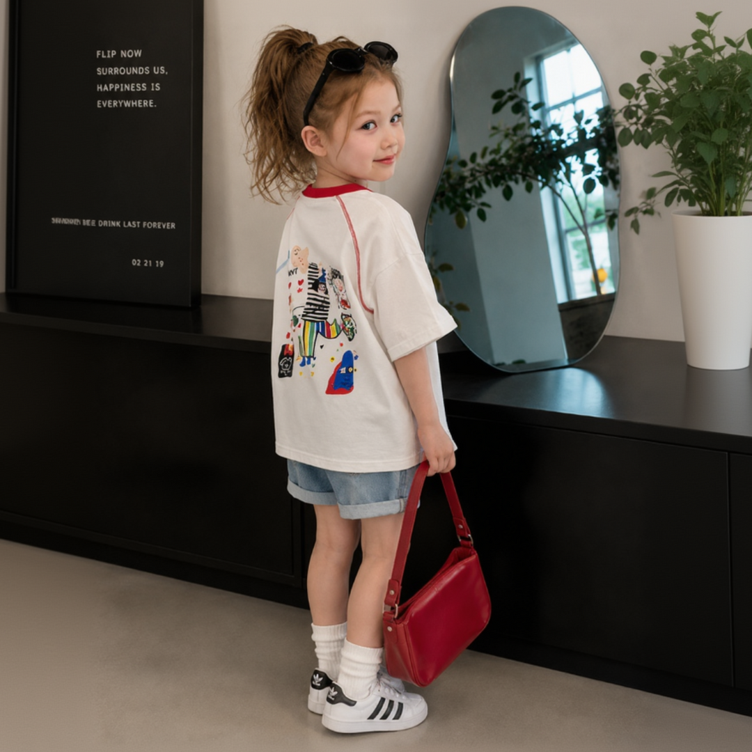 Girl showing the colorful back graphic on a white oversized T-shirt with a red collar