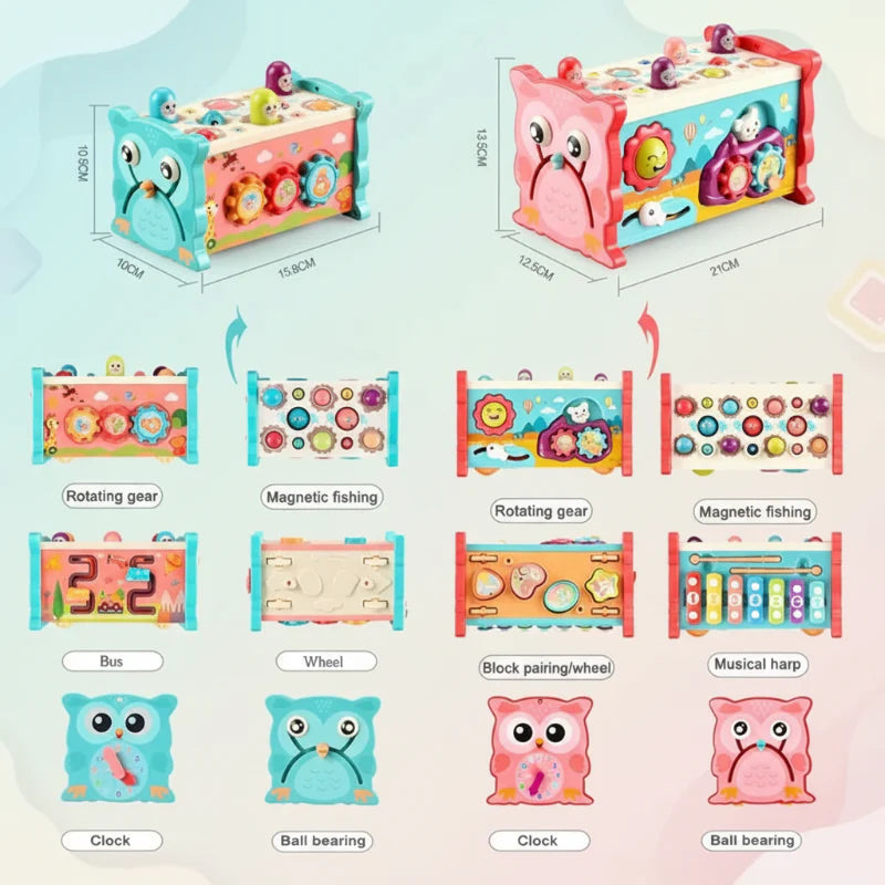 Pink and turquoise owl activity centers with a chart of games, panels, and dimensions