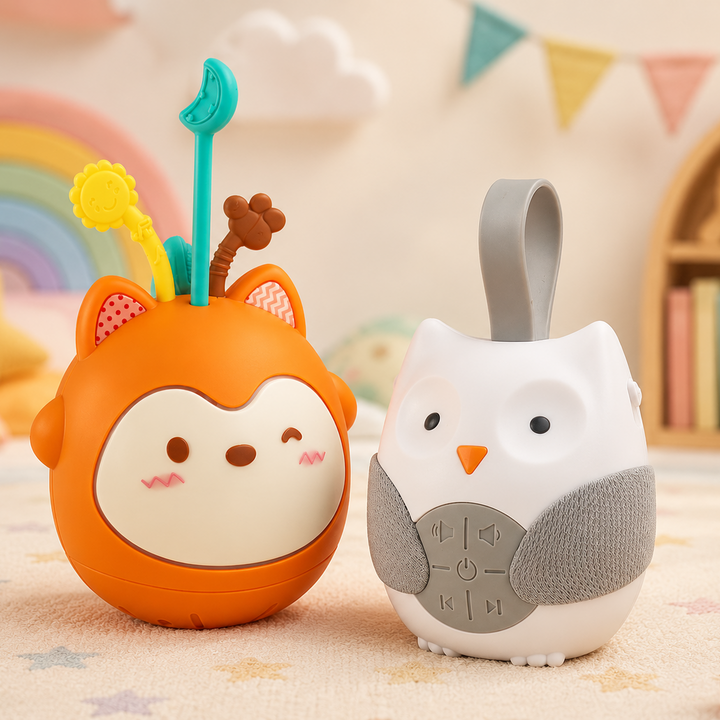 Owl and orange fox musical night lights displayed together in a nursery.