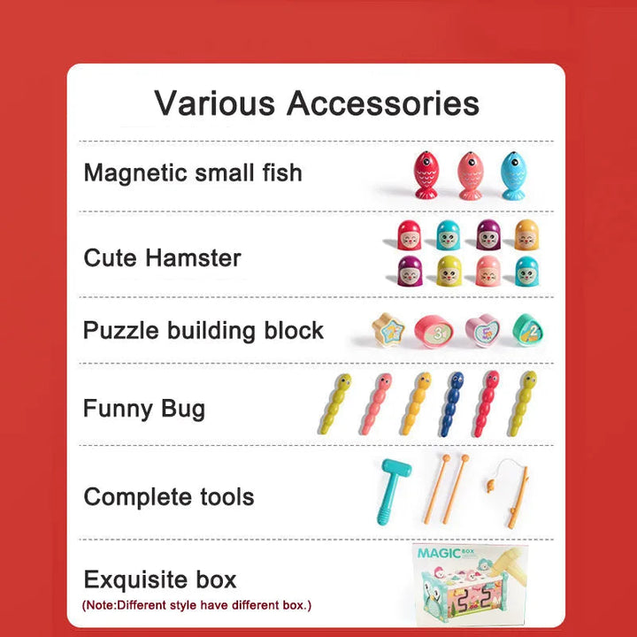Accessory chart showing magnetic fish, peg pieces, shape blocks, worms, hammer, fishing rod, and mallets