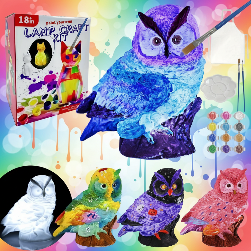 Owl lamp painting kit with a blue and purple owl, painting supplies, and other finished color ideas.