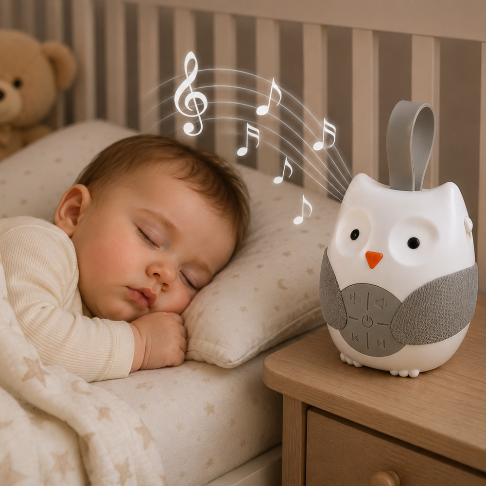 Owl musical night light on a bedside table beside a sleeping baby.