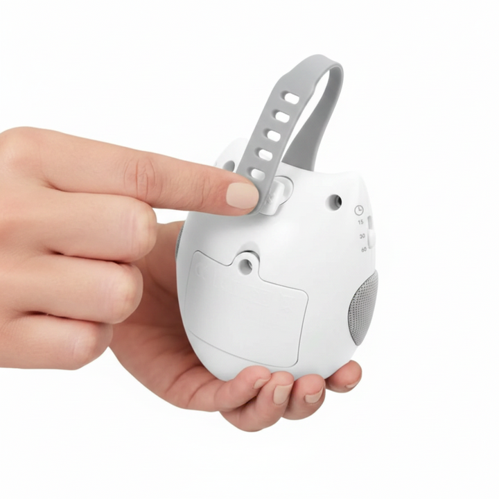 Adjustable gray loop strap and rear battery cover on the owl night light.