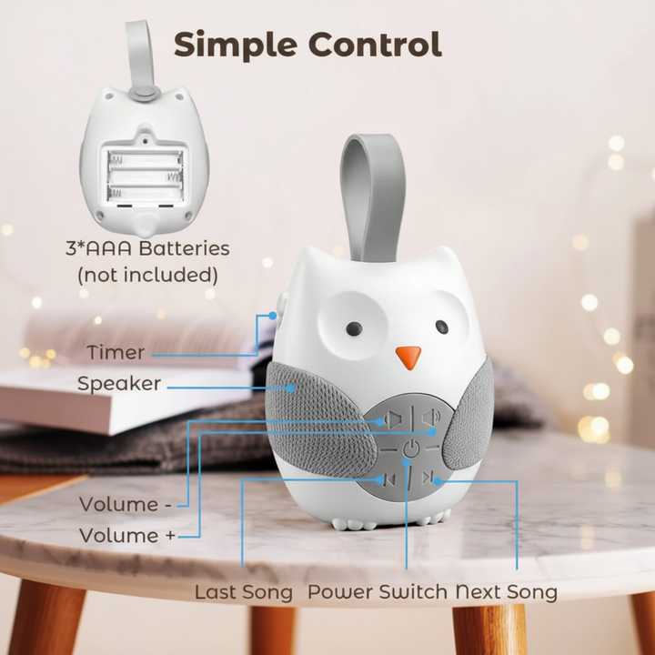 Owl night light controls, speaker, timer, and compartment for three AAA batteries.