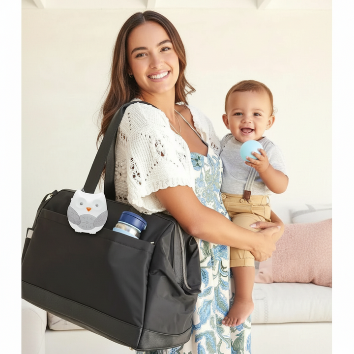 Owl sound machine attached to a diaper bag carried by a parent holding a baby.