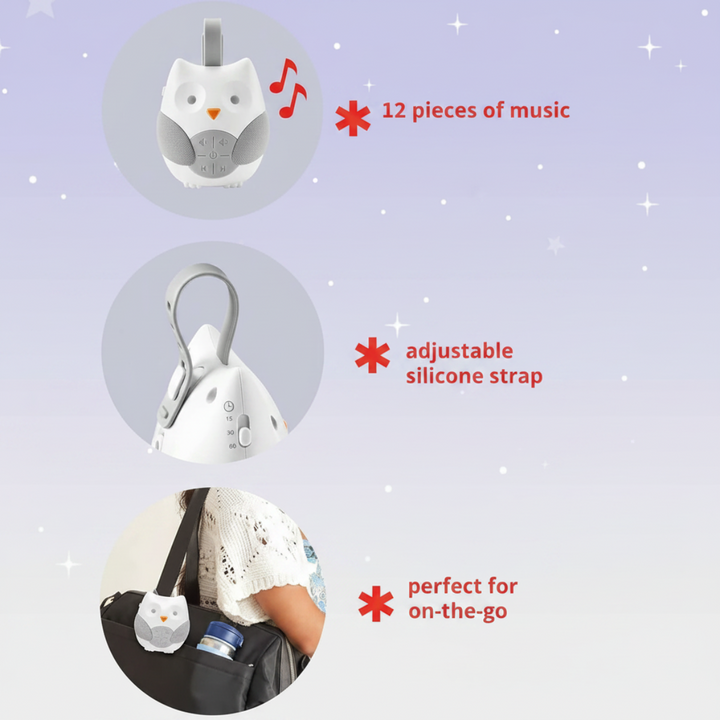 Owl sound machine feature graphic showing music, an adjustable strap, and bag attachment.