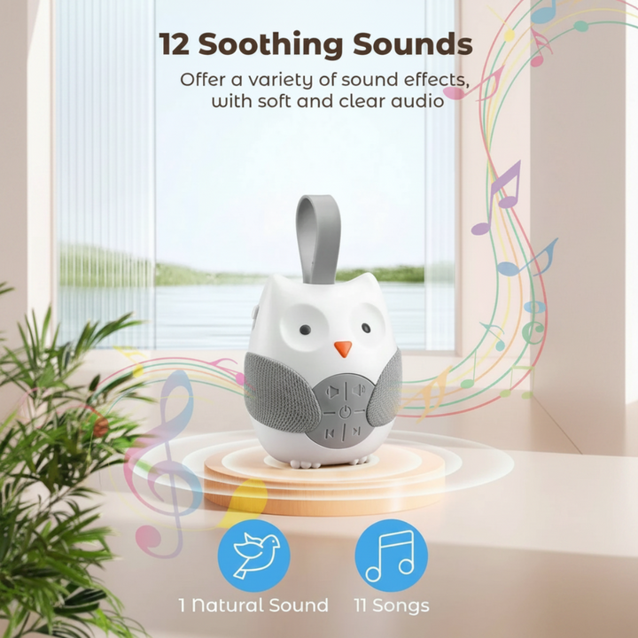 Owl sound machine graphic showing one nature sound and 11 songs.