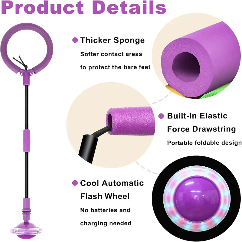 Purple skip ball details showing the padded ankle ring, folding joint and light-up wheel
