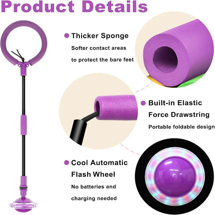 Purple skip ball details showing the padded ankle ring, folding joint and light-up wheel
